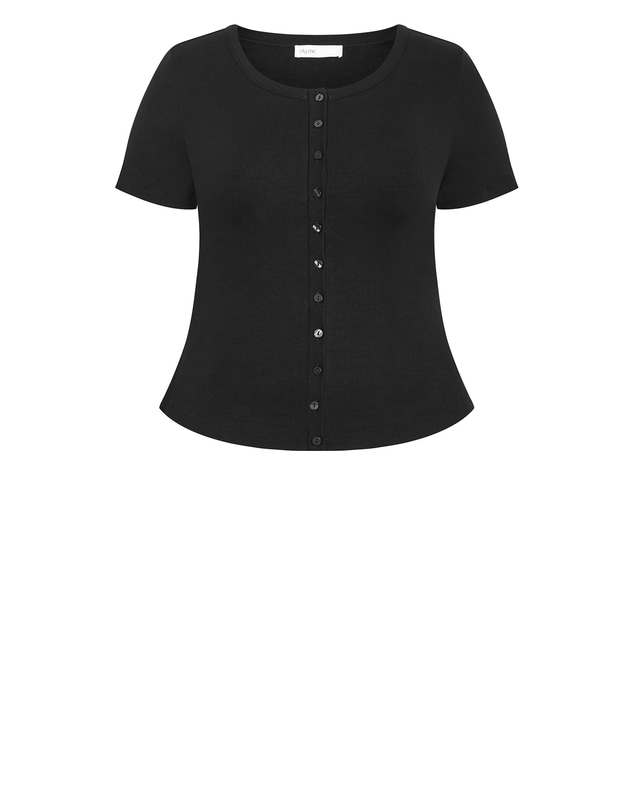 City Chic - Plus size Button Through Short Sleeve Top - black