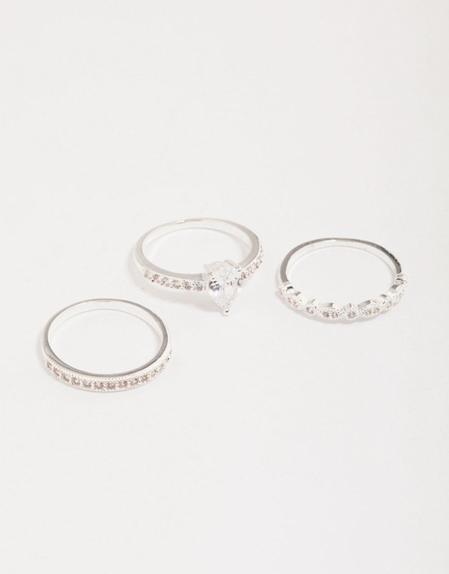 Lovisa - Silver Plated Cubic Zirconia Teardrop Stone Ring Pack