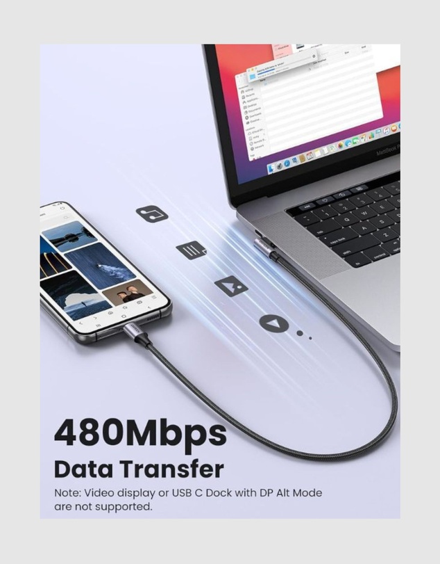 Ugreen - UGREEN 90 Degree Angle USB-C Male to USB-C Male 60W Braided Cable 1m