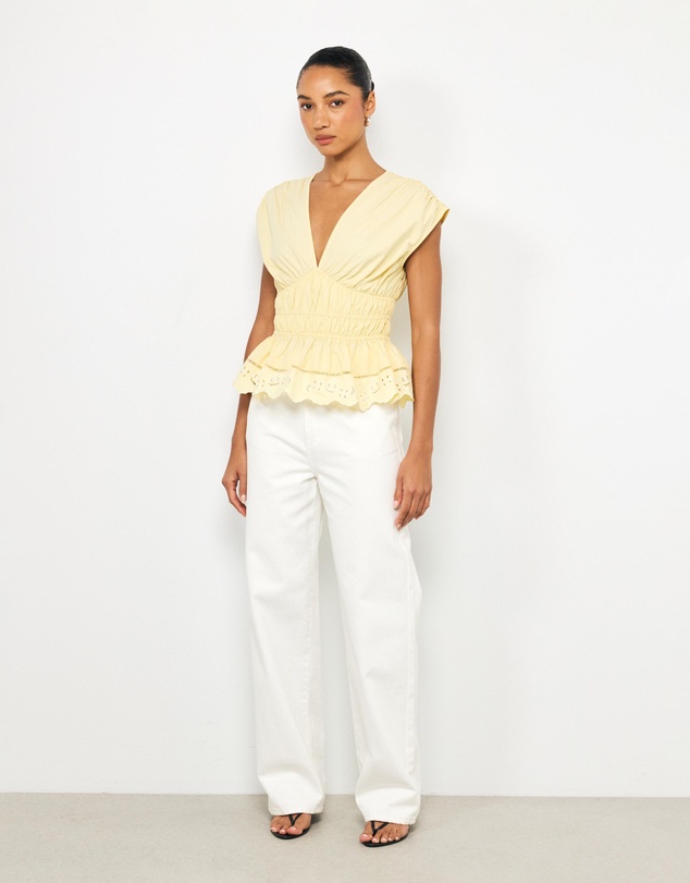 AERE - Bonnie Ruched Lace Peplum Top