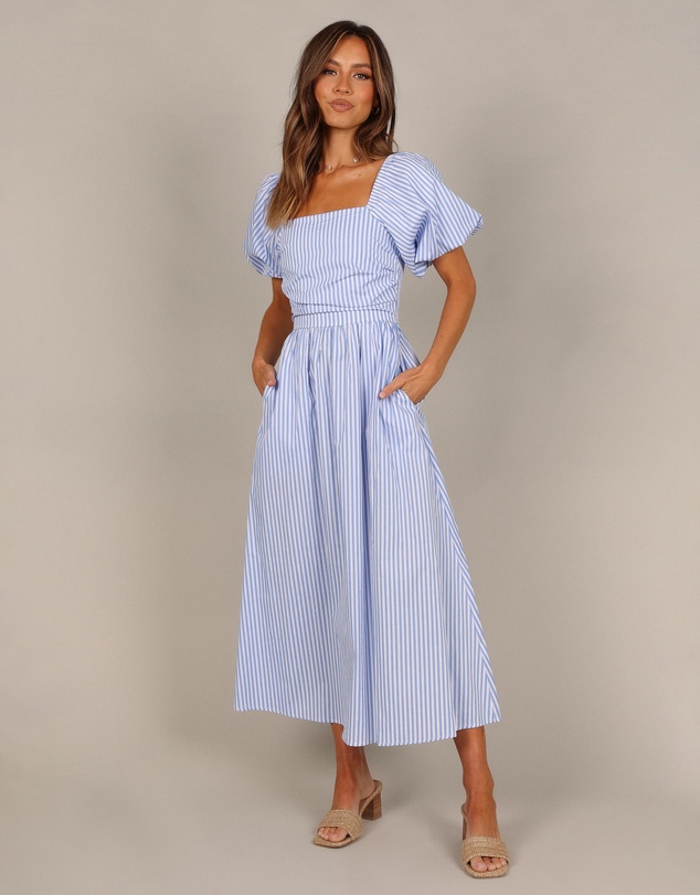 Petal & Pup - Clo Puff Sleeve Midi Dress - Blue Stripe
