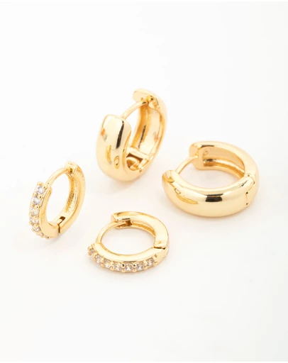 Lovisa - Gold Plated Brass Mini Cubic Zirconia & Plain Huggie Earrings 2-Pack