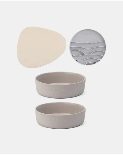 Lilly + Dash - Dog Eat and Drink Set – 2 Bowls + Lick Insert + Sand Placemat Set
