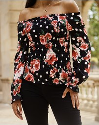 Sosandar - Floral Print Shirred Body Bardot Top