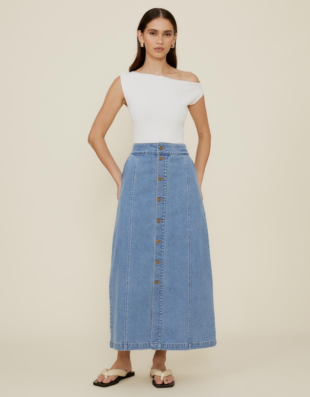 The Fated - Denim Midi Skirt With Buttons