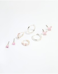 Lovisa - Silver Plated Brass Pink Cubic Zirconia Pave & Butterfly Stud Earrings 4-Pack