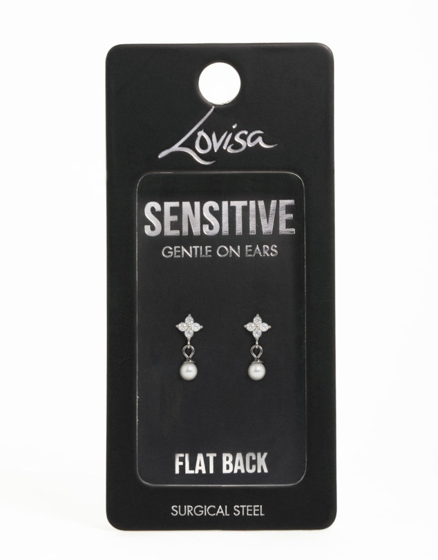 Lovisa - Surgical Steel Pearl Cubic Zirconia Flower Flat Back Earrings