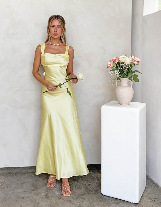 Beginning Boutique - Laria Yellow Satin Formal Maxi Dress
