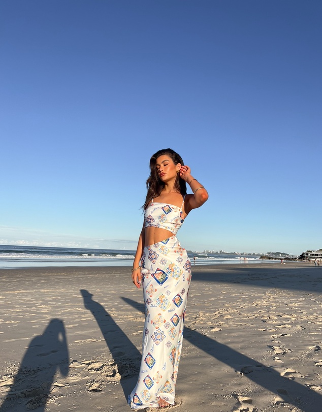 Beginning Boutique - Willa White Satin Italia Print Maxi Dress