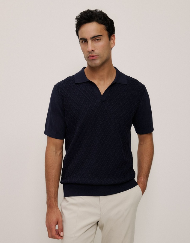 Trenery - Mercerised Diamond Knit Polo in Navy