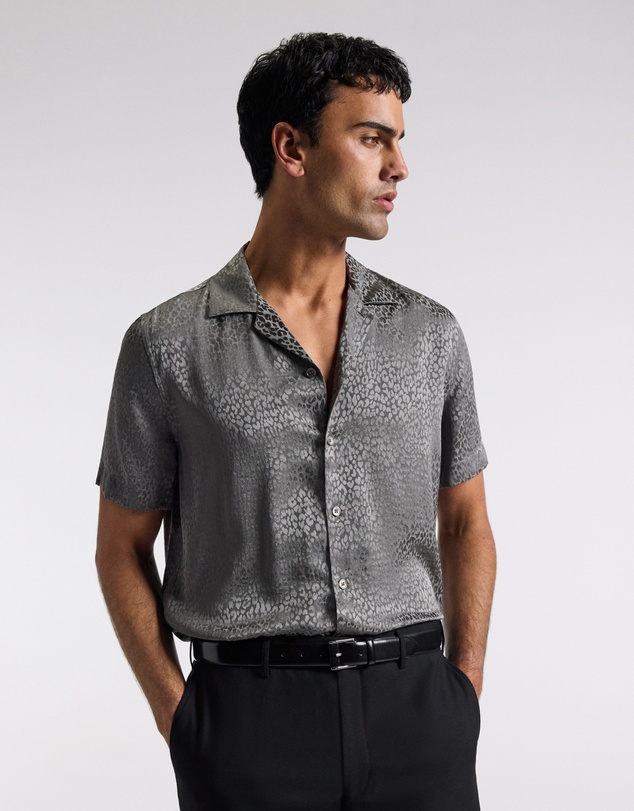Calibre - Leopard Camp Collar Silk Shirt Zinc