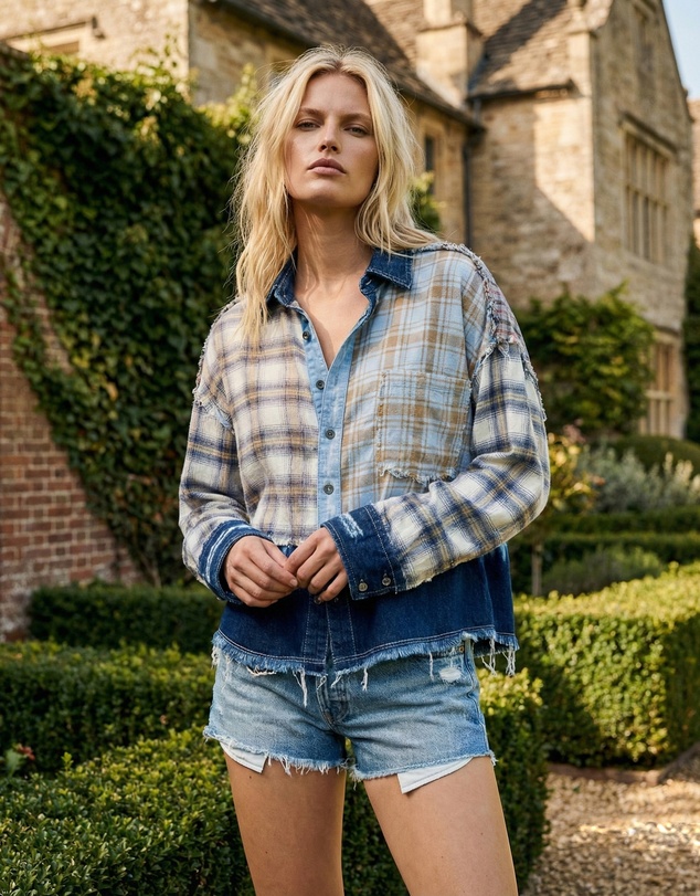 THE TALES - Mixed Flannel And Denim Shirt