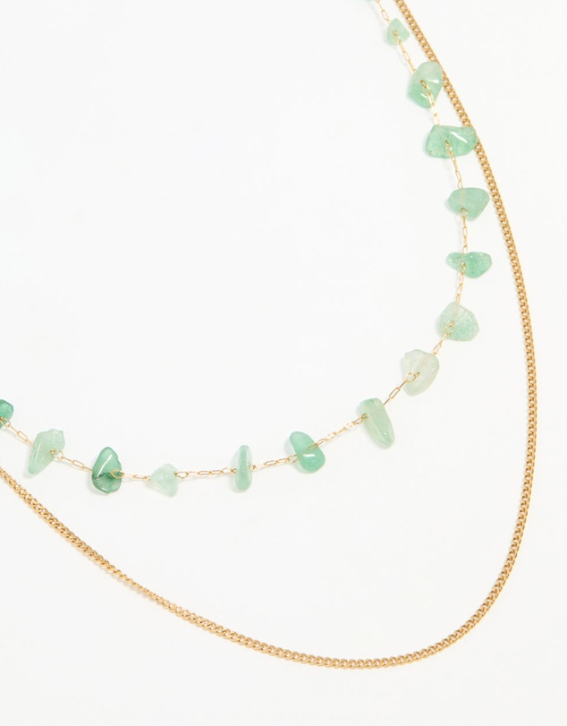 Lovisa - Waterproof Gold Plated Stainless Steel Green Stone Layered Necklace