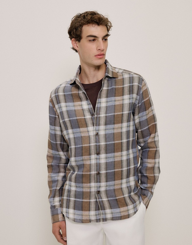 Trenery - Tailored Fit Delave Linen Check Shirt in Cocoa