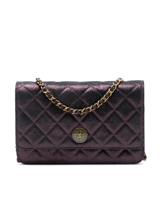 Pre-Loved by Azura Reborn - Pre-Loved Quilted Iridescent Lambskin Tartan Button Wallet On Chain