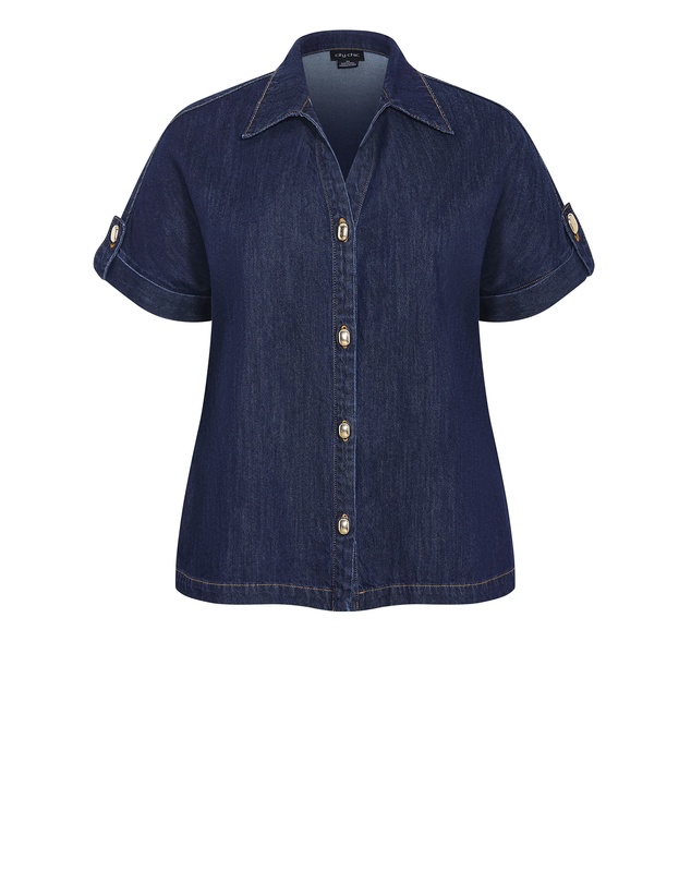 City Chic - Plus size Tilly Cotton Denim Shirt - dark wash