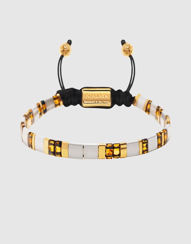 Nialaya Jewellery - Men's Bracelet With White, Marbled Amber And Gold Miyuki Tila Beads
