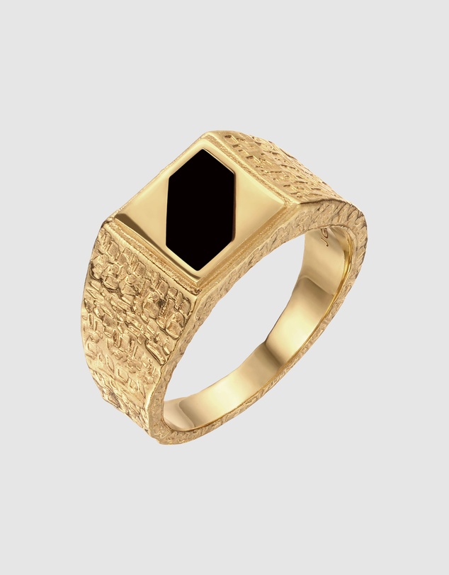 Kuzzoi - ICONIC EXCLUSIVE - Gold-Plated 925 Silver Ring with Hexagonal Black Enamel Inlay