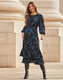 Sosandar - Chain Print Ruffle Hem Fit & Flare Dress
