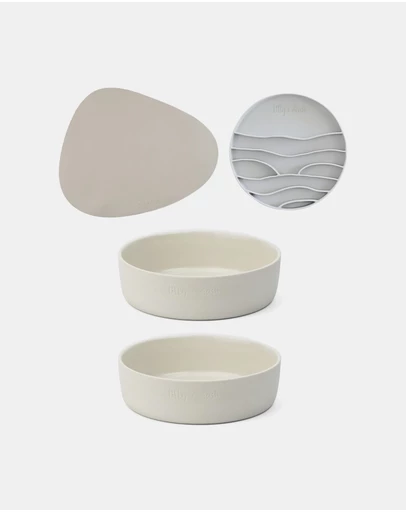 Lilly + Dash - Dog Eat and Drink Set – 2 Bowls + Lick Insert + Slate Placemat Set