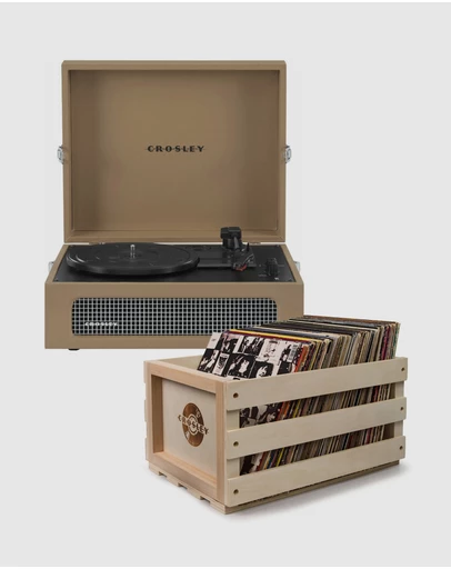 Crosley - Crosley Voyager Bluetooth Portable Turntable + Bundled Record Storage Crate - Tan