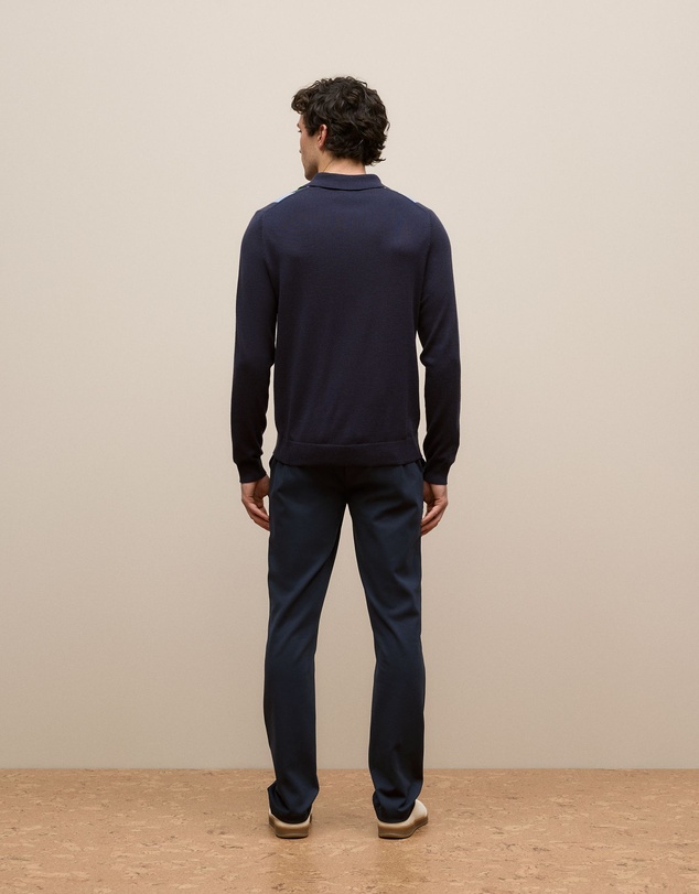 Trenery - Merino Graphic Stripe Long Sleeve Polo in Navy