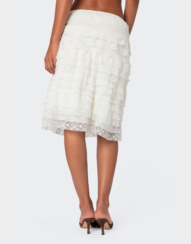EDIKTED - Louise Lace And Mesh Ruffle Midi Skirt