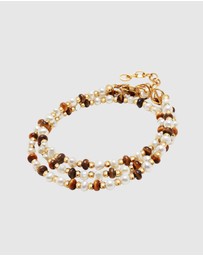 Nialaya Jewellery - Wrap Bracelet with White Pearls, Brown Tiger Eye, and Gold