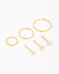Lovisa - Gold Plated Surgical Steel Cubic Zirconia Stud & Hoop Nose Piercings 6-Pack