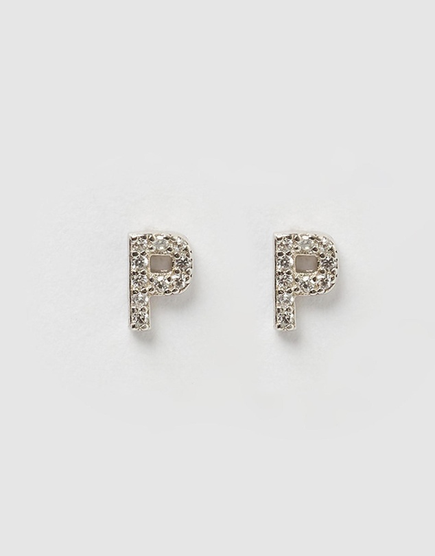 Izoa - Alphabet Mini Letter P Stud Earrings Silver