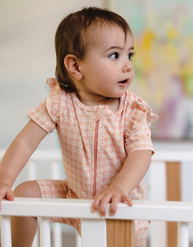 Kynd Baby - Day Or Night Short Sleeve Frill Onesie in Heart Gingham