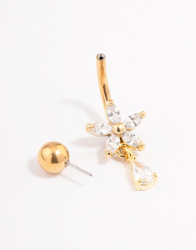 Lovisa - Gold Plated Surgical Steel Cubic Zirconia Flower Pear Threadless Belly Bar