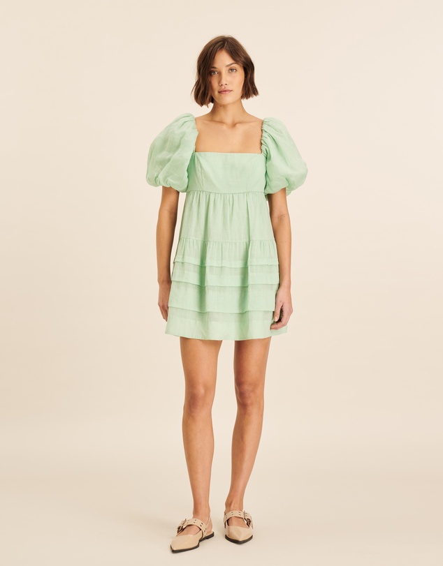 AERE - Puff Sleeve Pleated Hem Mini Dress