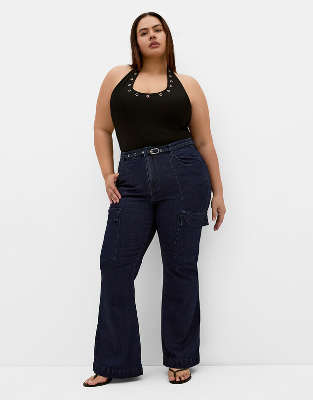 City Chic - Plus size Harley Fit Cargo Flare Leg Jean - dark wash