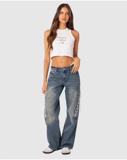 EDIKTED - Low Rise Ribbon Lace Up Jeans