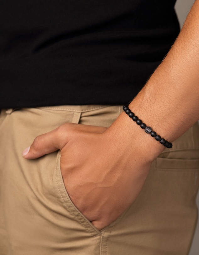 Nialaya Jewellery - Men's Wristband with Matte Onyx and Black CZ Diamond