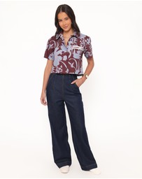 Petal & Pup - Aine Cropped Short Sleeve Shirt - Burgundy Floral