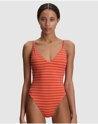 Polo Ralph Lauren - Stripe Cable-Motif V Neck One-Piece Swimsuit