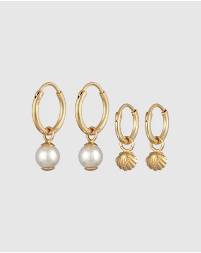 Elli Jewelry - Earrings Creoles Shell Pendant Set of 2 with Shell Core Pearl in 925 Sterling Silver Gold Plated