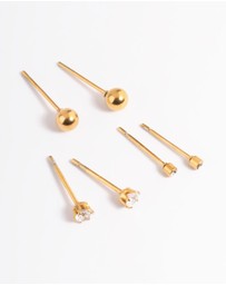 Lovisa - Waterproof Gold Plated Stainless Steel Cubic Zirconia Plain Stud Earrings Pack