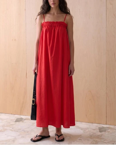 Atmos&Here - Eire Maxi Dress With Tie Straps And Shirring Detail In Linen Blend