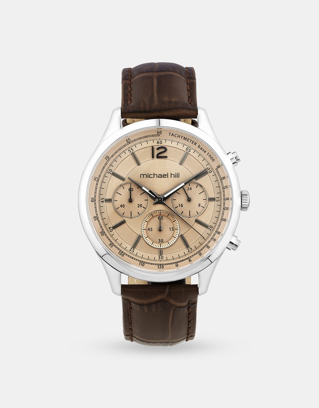 Michael Hill - Men's Chronograph Watch in Stainless Steel & Brown Leather