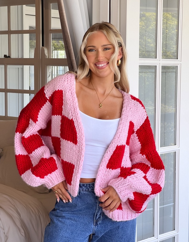 Beginning Boutique - Envi Pink And Red Checkered Knit Cardigan