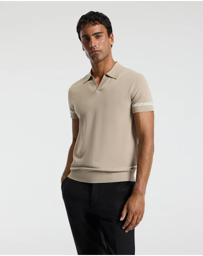 Calibre - Stripe Cuff Open Neck Polo Sand