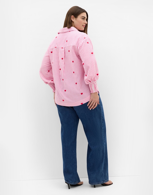 City Chic - Plus size Stripe Heart Print Cotton Shirt - pink