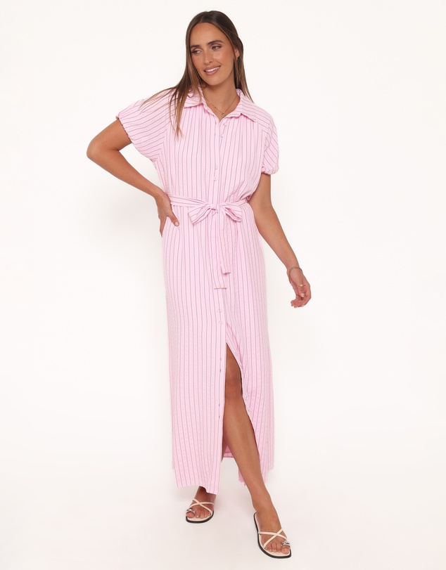 Petal & Pup - James Button Through Maxi Dress - Pink Stripe