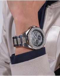 GUESS - Silver-Tone Multi-function Men's 46mm Black Dial with Crystals on Bezel and Strap Analogue Watch