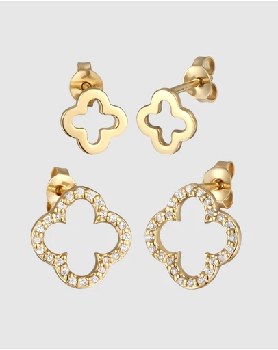 Elli Jewelry - Earrings Set Zirconia Cloverleaf 925 Sterling Silver Gold-Plated