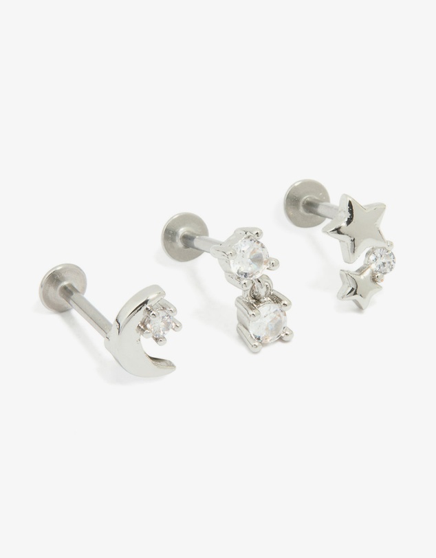 Lovisa - Surgical Steel Cubic Zirconia Mixed Threadless Flat Back Studs 3-Pack