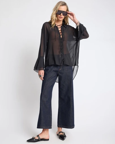ONE TEASPOON - Hayden Mid Waist Wide Leg Cropped Denim Jeans - Raw Indigo